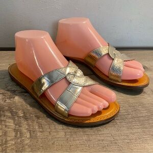 Women's SHUTZ Metallic GOLD Croc Embossed RITA Leather DESIGNER SANDALS 7.5 B